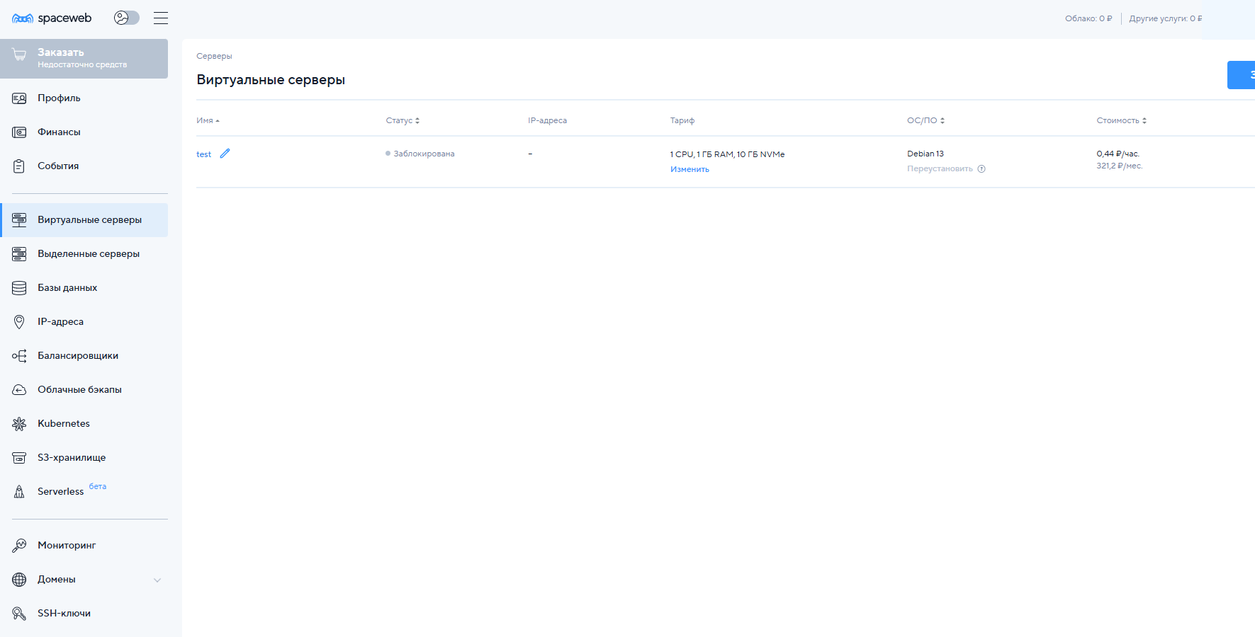 Заблокированный тестовый VDS SpaceWeb
