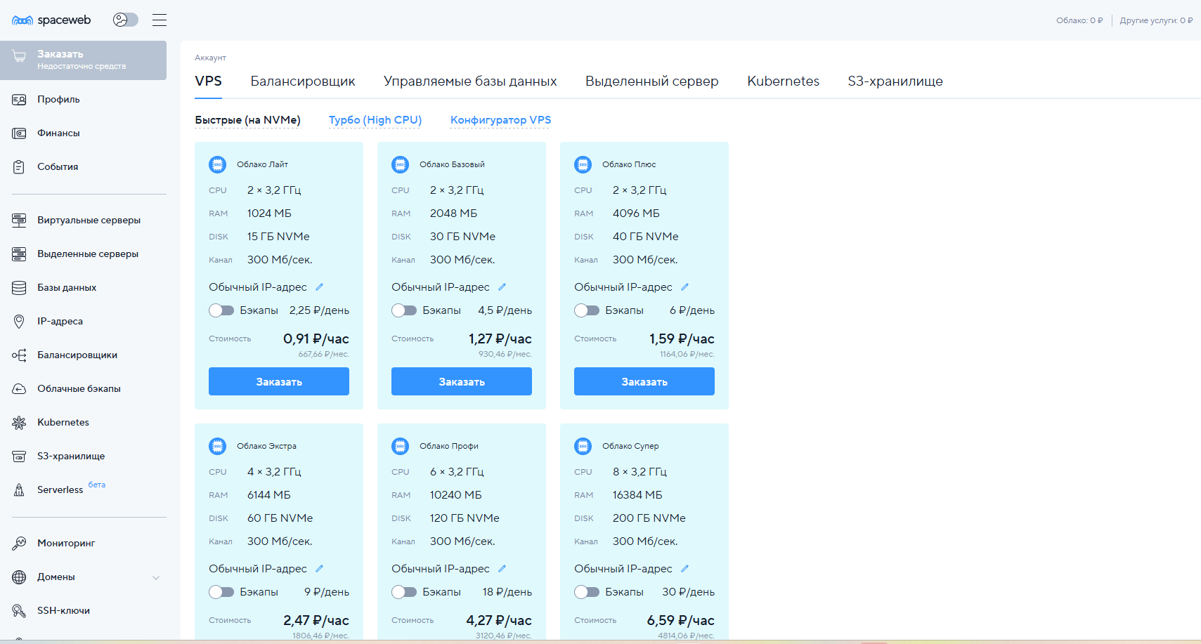 Тарифы VPS SpaceWeb в панели